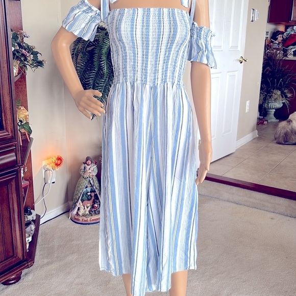 Ocean Drive Jumpsuit 100% Rayon Blue & White Striped Bow Ties Open Shoulder - Picture 3 of 15